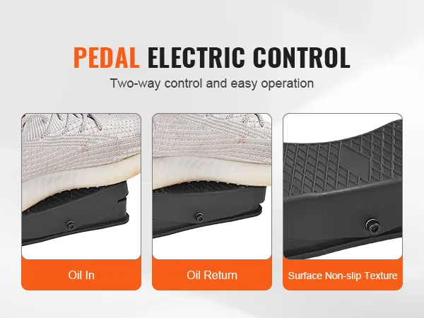 Control eléctrico de pedal para bomba hidráulica eléctrica VEVOR que muestra entrada de aceite, retorno de aceite y textura antideslizante.