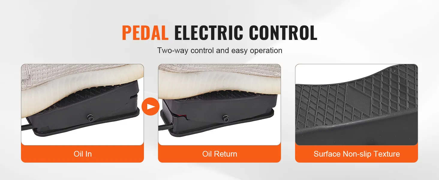 Control eléctrico de pedal para bomba hidráulica eléctrica VEVOR que muestra entrada de aceite, retorno de aceite y textura antideslizante.