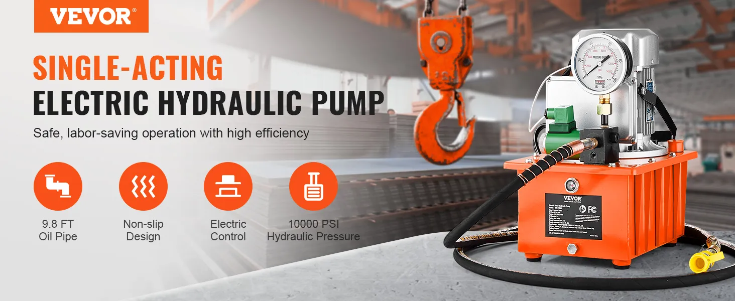 Bomba hidráulica eléctrica VEVOR, de simple efecto, antideslizante, control eléctrico, 10000 psi, tubería de aceite de 9,8 pies.