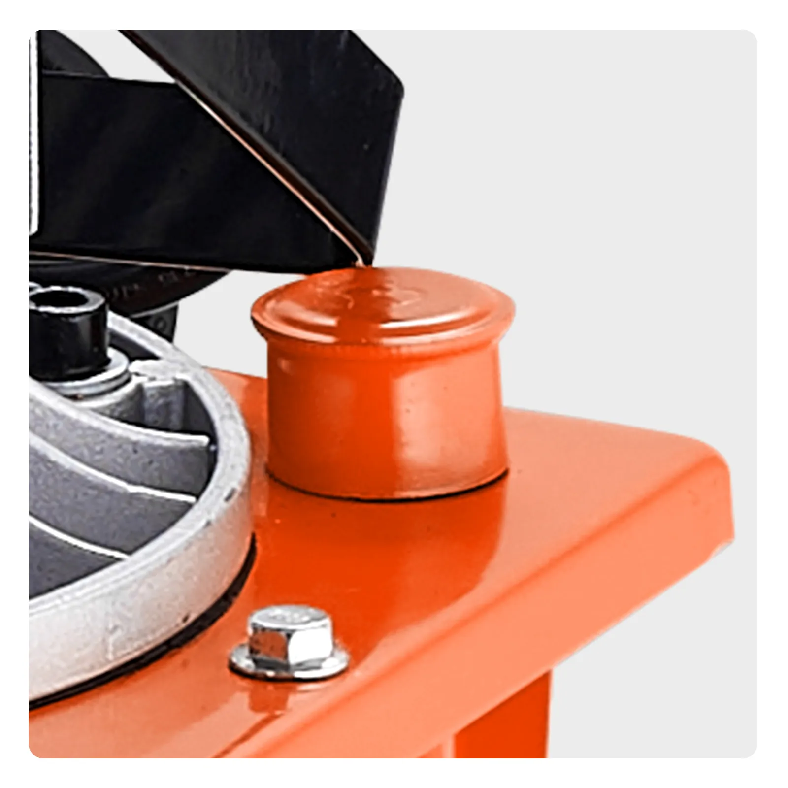 Bomba hidráulica eléctrica VEVOR de color naranja y negro, con válvula de metal y perno de seguridad.