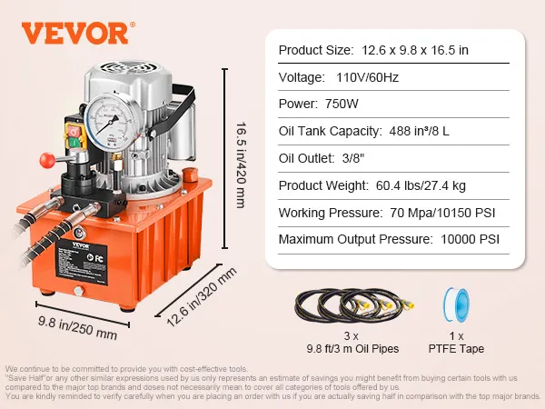 VEVOR electric hydraulic pump with 750w power, oil tank capacity of 8l, includes 3 oil pipes and ptfe tape.
