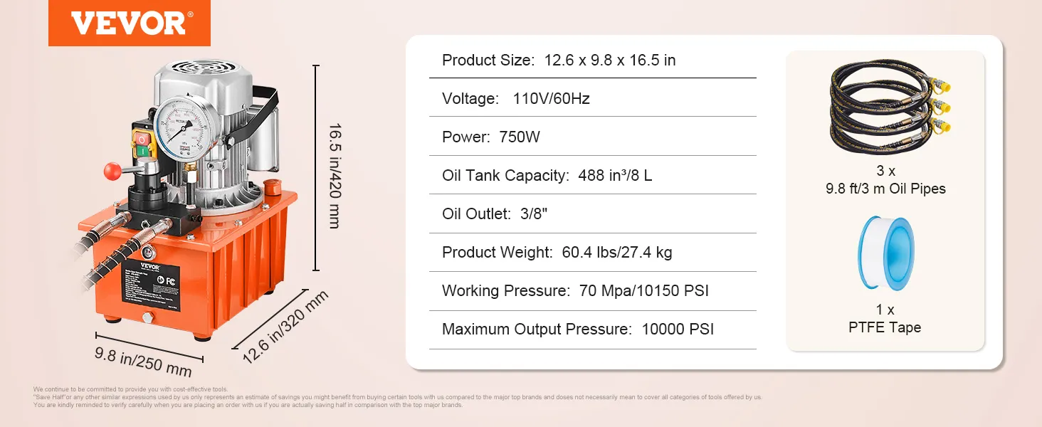VEVOR electric hydraulic pump with 750w power, oil tank capacity of 8l, includes 3 oil pipes and ptfe tape.