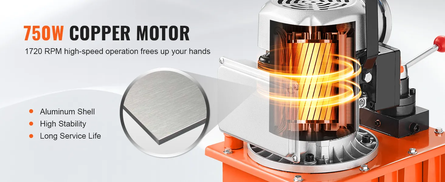 750w copper motor, 1720 rpm, aluminum shell. VEVOR electric hydraulic pump with high stability and long life.