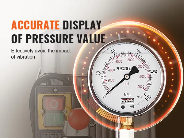 pressure gauge display on VEVOR electric hydraulic pump with accurate psi and mpa readings.
