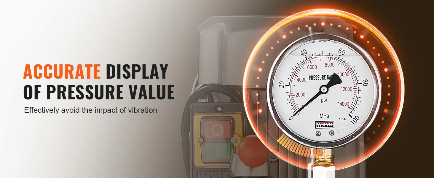 pressure gauge display on VEVOR electric hydraulic pump with accurate psi and mpa readings.