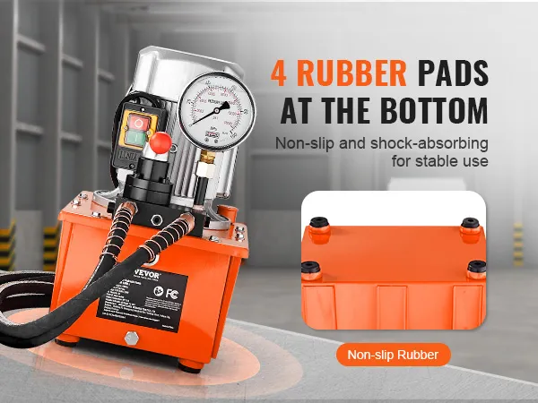 VEVOR electric hydraulic pump with pressure gauge and 4 non-slip rubber pads for stability.