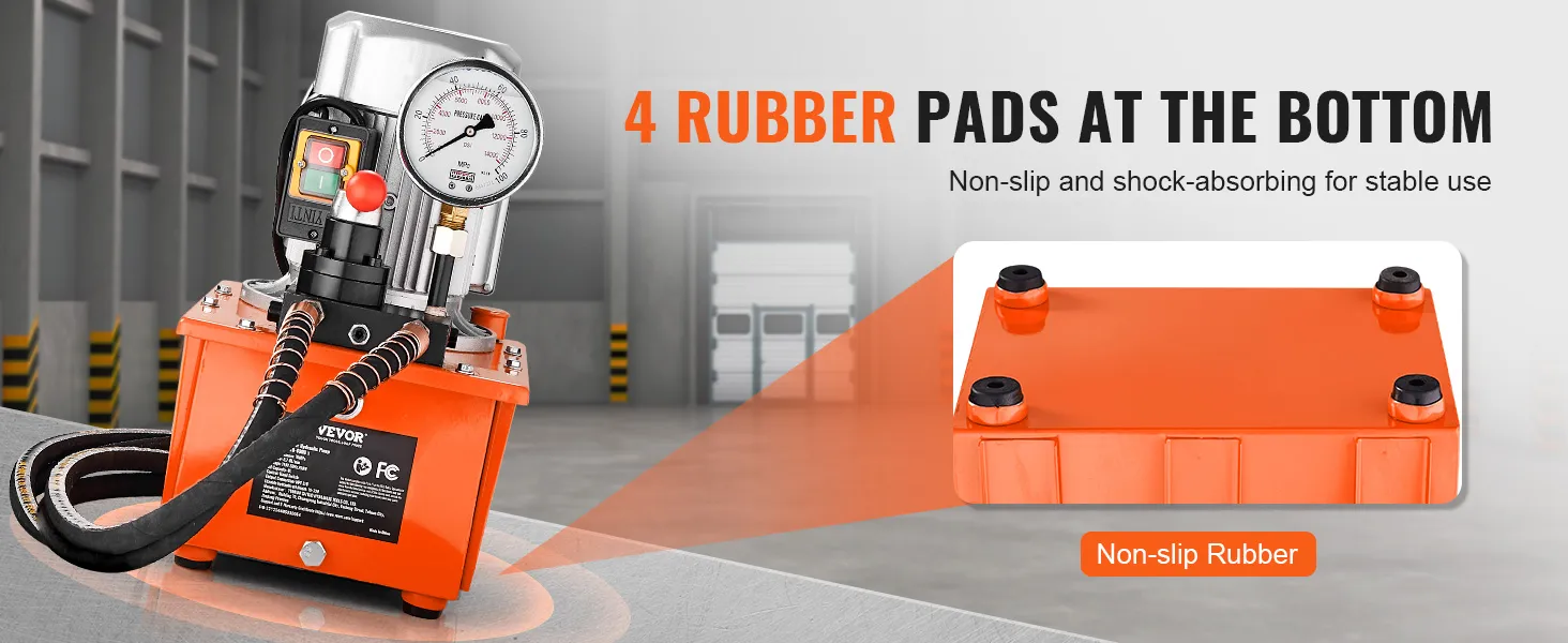 VEVOR electric hydraulic pump with pressure gauge and 4 non-slip rubber pads for stability.