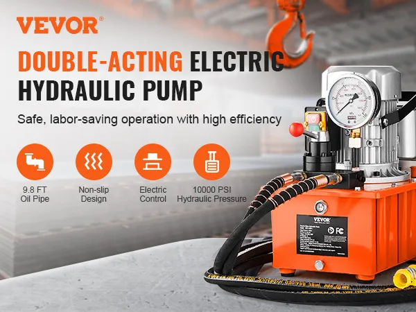 VEVOR electric hydraulic pump with 9.8 ft oil pipe, electric control, and 10000 psi hydraulic pressure.