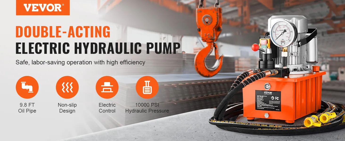 VEVOR electric hydraulic pump with 9.8 ft oil pipe, electric control, and 10000 psi hydraulic pressure.