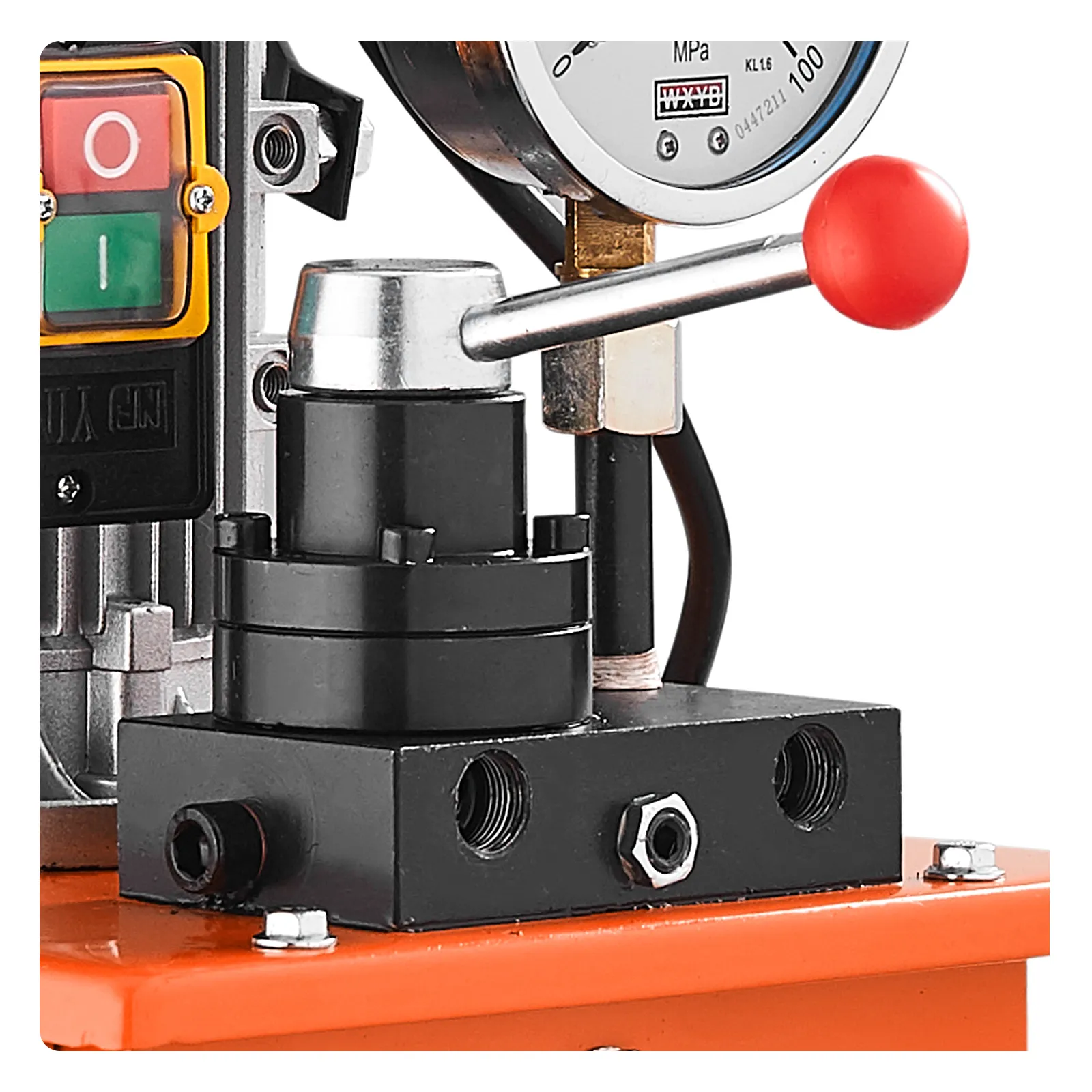 control switch and pressure gauge on VEVOR electric hydraulic pump with red lever handle.