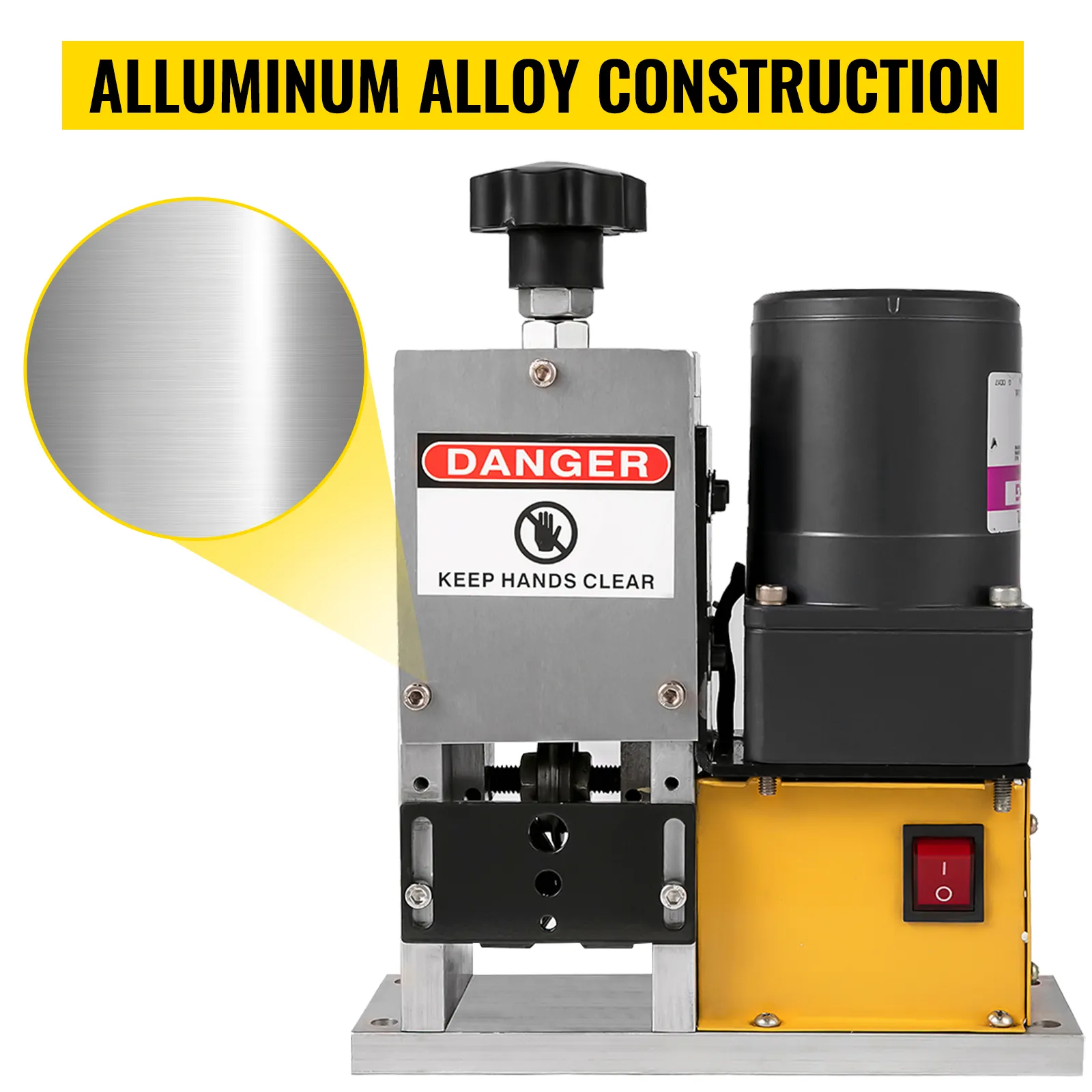 VEVOR cable wire stripping machine with aluminum alloy construction and safety warning.
