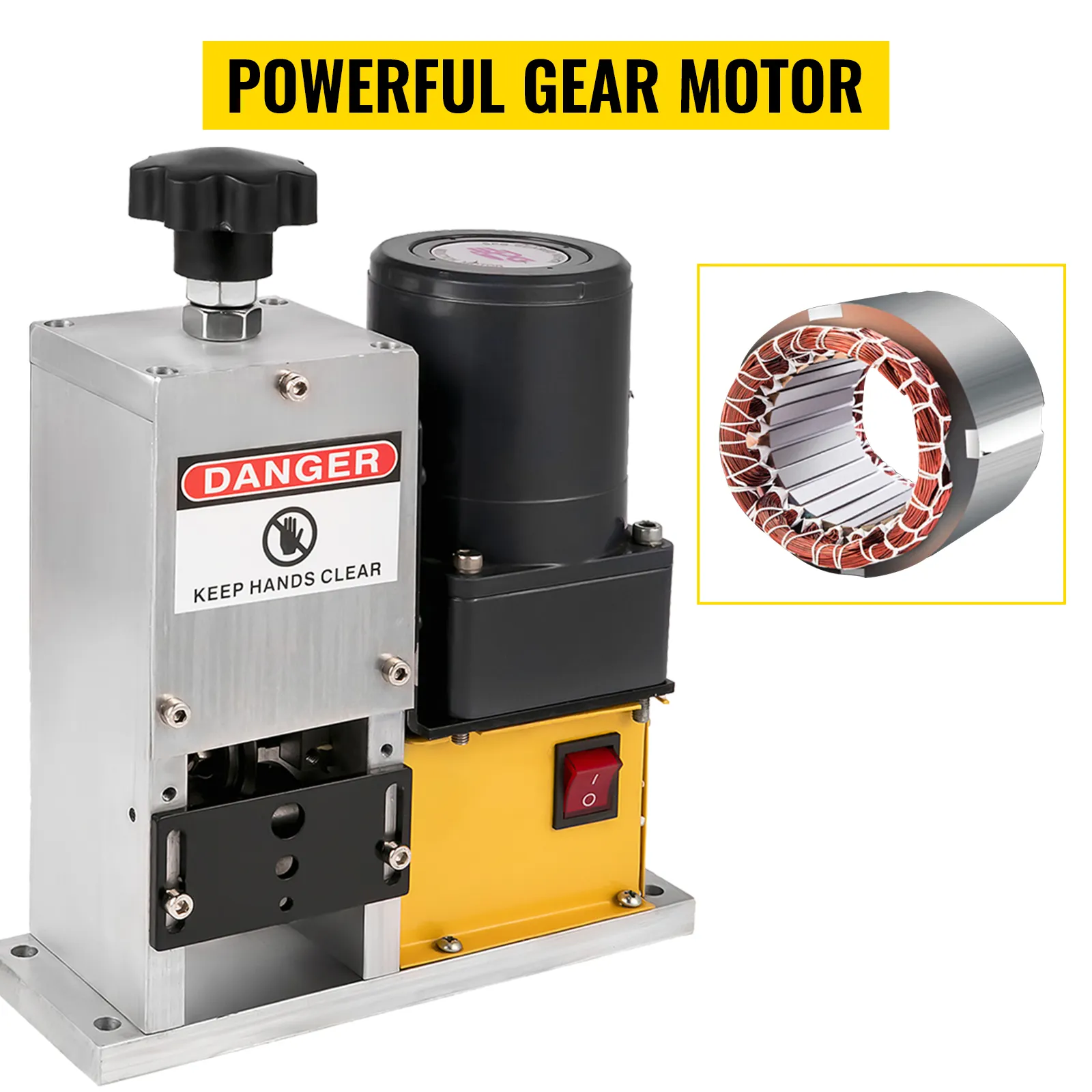 VEVOR cable wire stripping machine with powerful gear motor and safety warning sign.