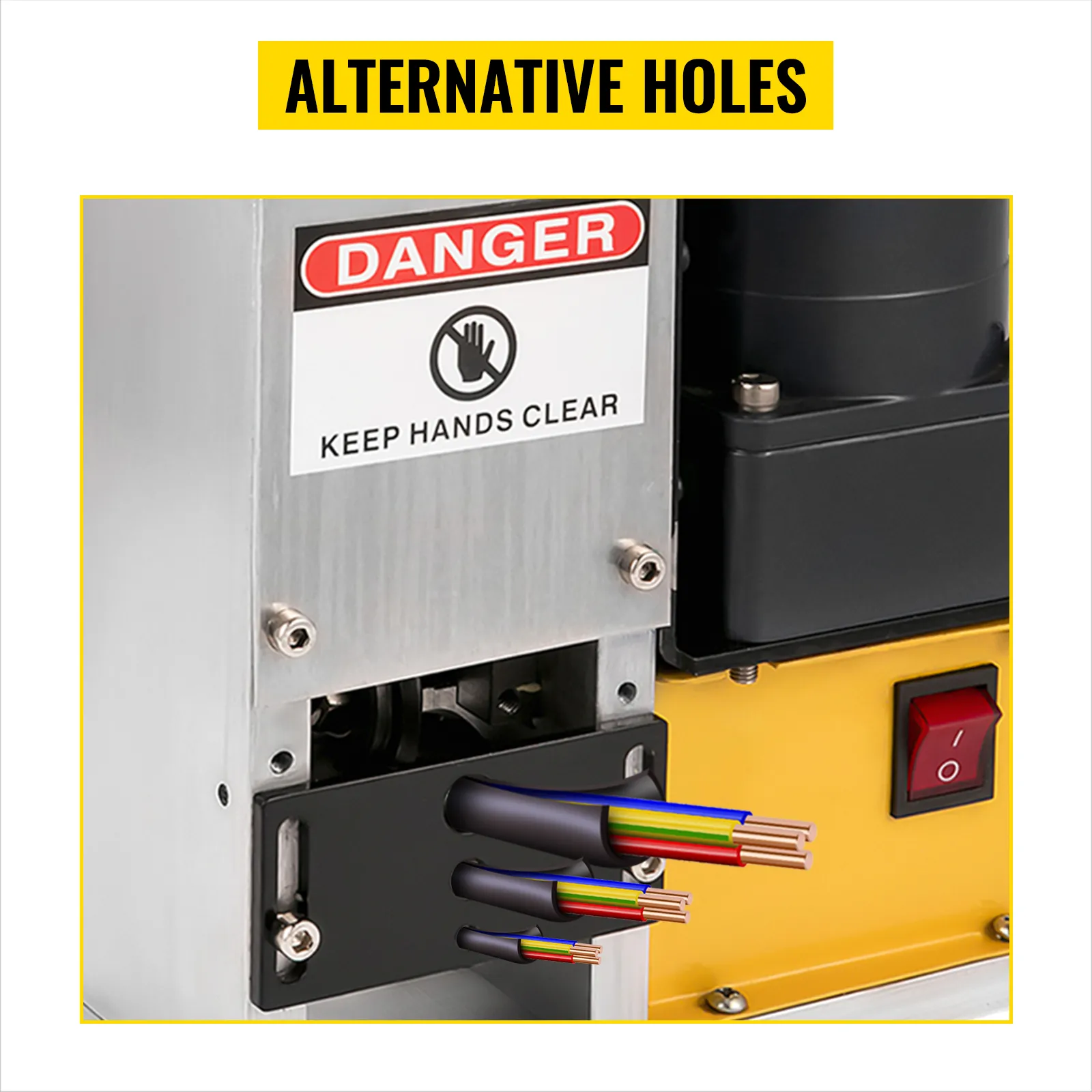 VEVOR cable wire stripping machine with safety warning and multiple wire inputs.