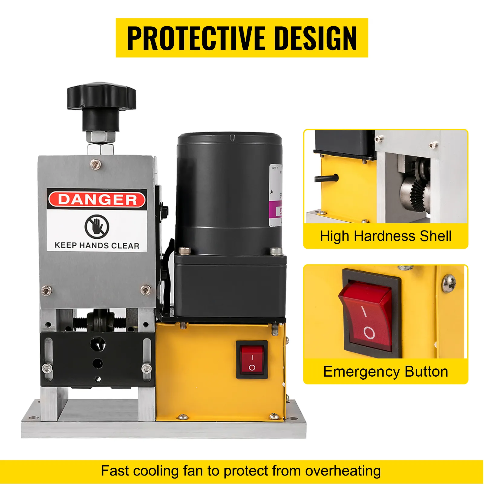VEVOR cable wire stripping machine with protective design, shell, and emergency button.