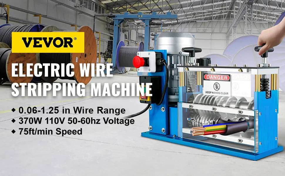 VEVOR cable wire stripping machine in a warehouse with wire spools, 370w, 75ft/min speed