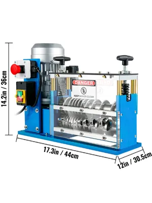 VEVOR cable wire stripping machine in blue with dimensions highlighted.