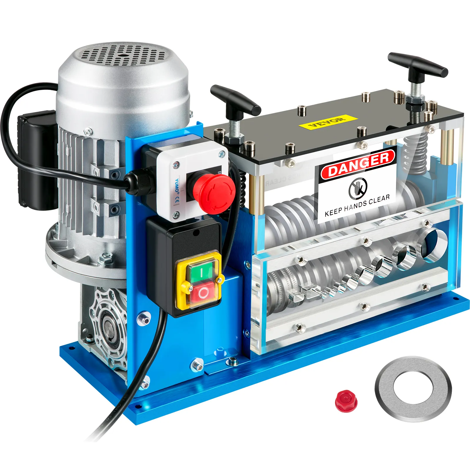 VEVOR cable wire stripping machine with safety labels and power buttons.