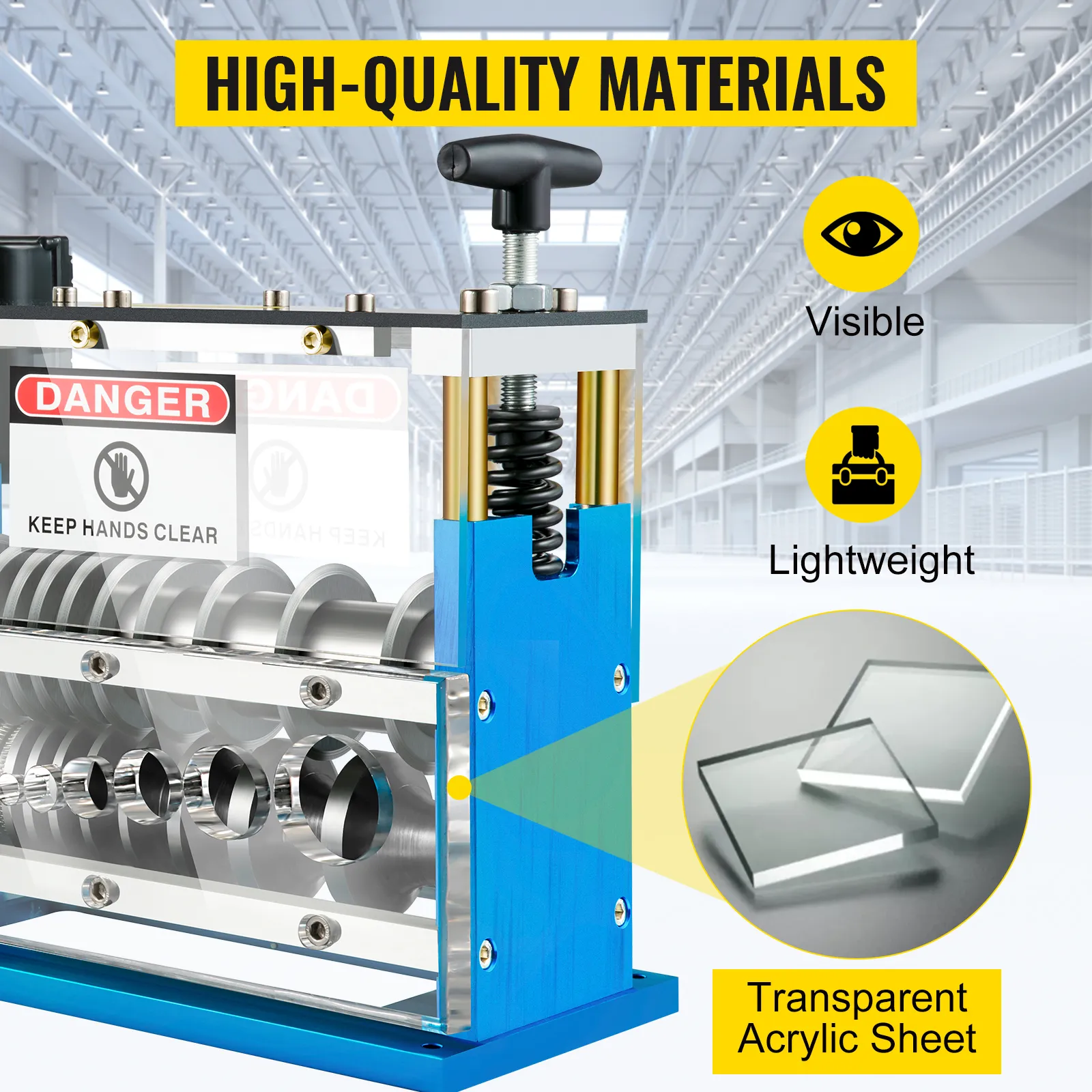VEVOR cable wire stripping machine with high-quality materials and clear safety warning.