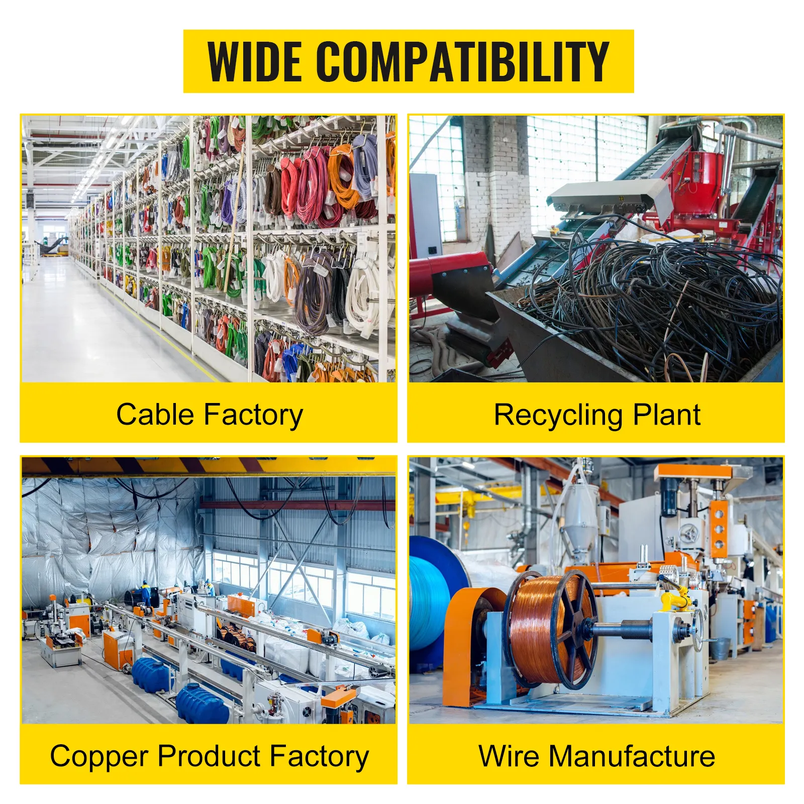 VEVOR cable wire stripping machine used in various factories and recycling plants.