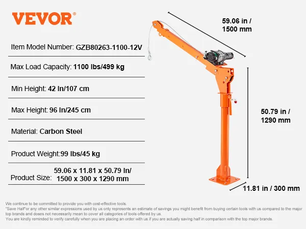 Grúa eléctrica para camioneta VEVOR, carga máxima 1100 lb, altura 42-96 in, acero al carbono, 99 lb.