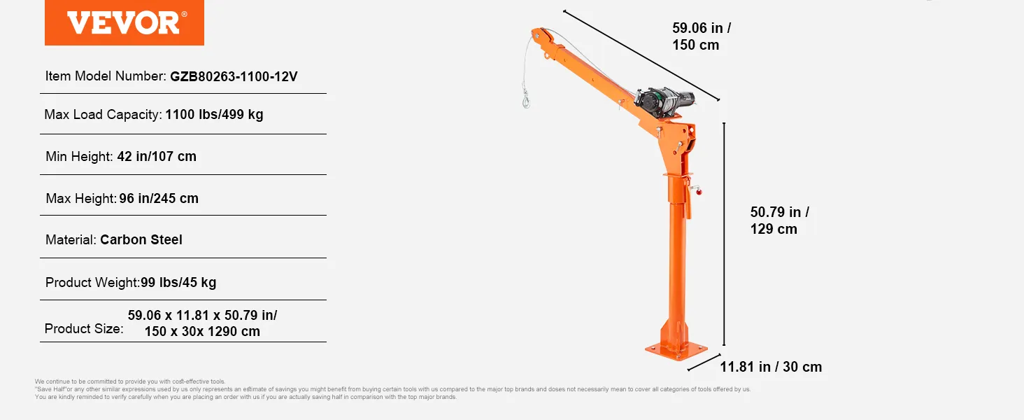 Grúa eléctrica para camioneta VEVOR, carga máxima 1100 lb, altura 42-96 in, acero al carbono, 99 lb.