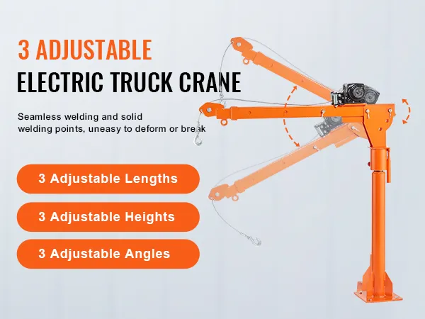 Grúa eléctrica VEVOR con 3 posiciones de pluma, longitudes, alturas y ángulos ajustables.