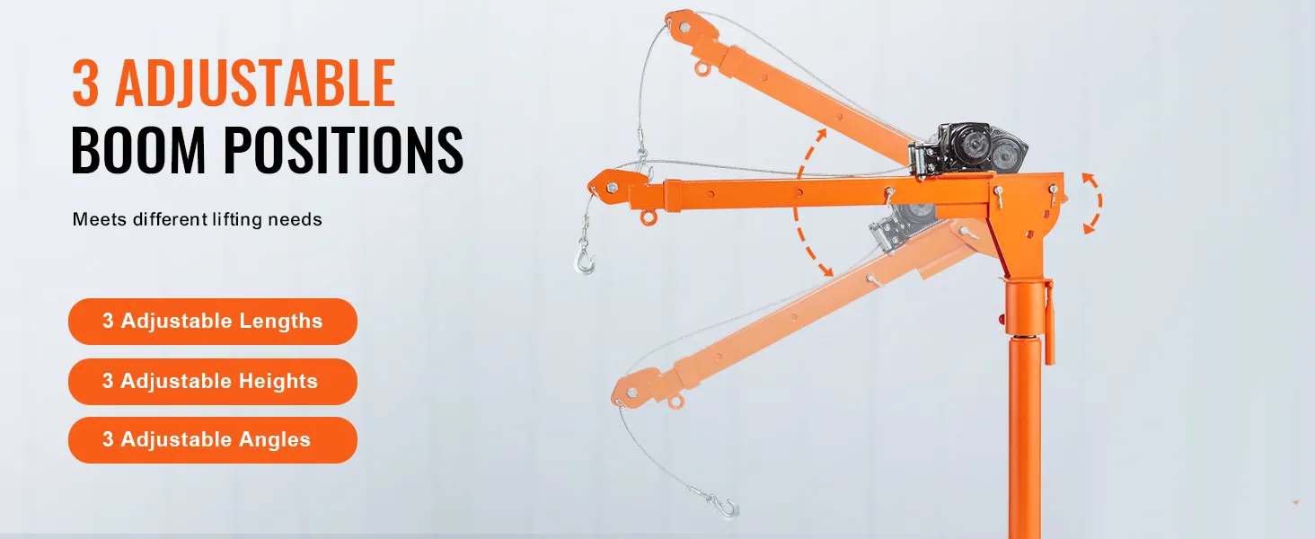 Grúa eléctrica VEVOR con 3 posiciones de pluma, longitudes, alturas y ángulos ajustables.
