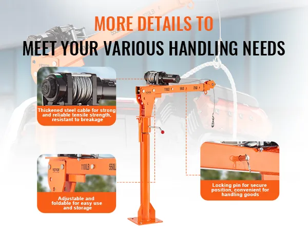 Grúa eléctrica VEVOR con cable de acero, brazo ajustable y pasador de bloqueo seguro.