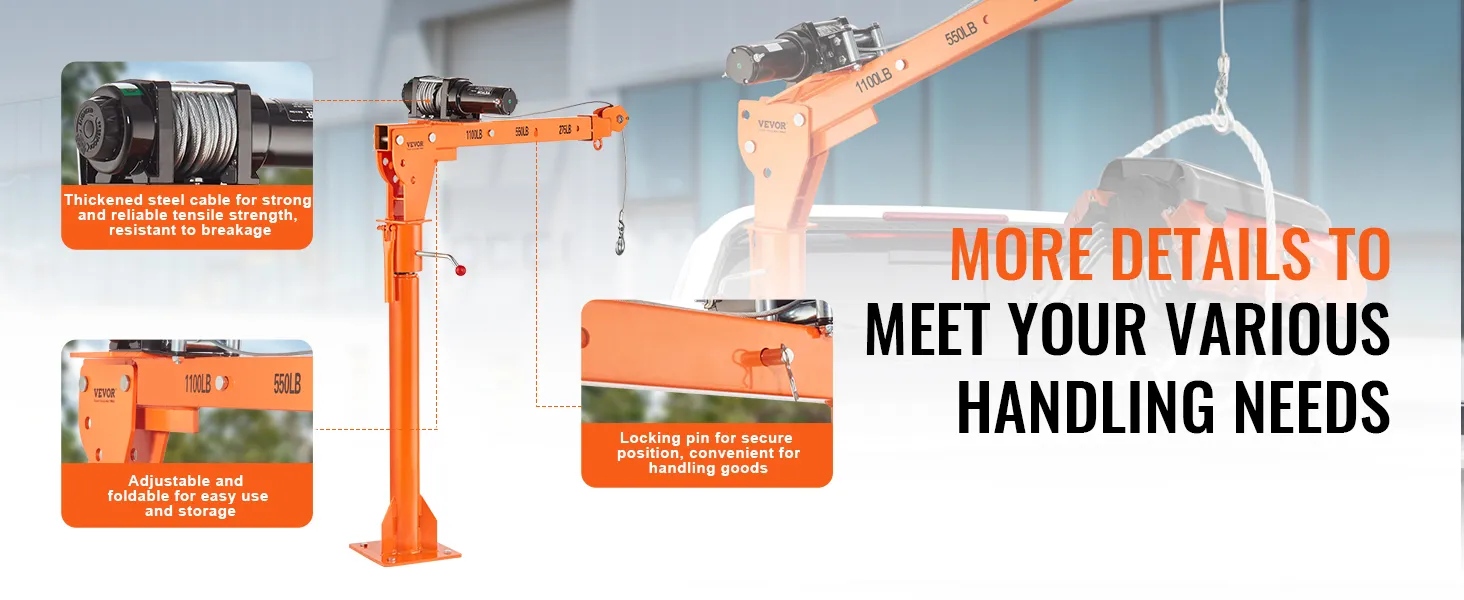 Grúa eléctrica VEVOR con cable de acero, brazo ajustable y pasador de bloqueo seguro.