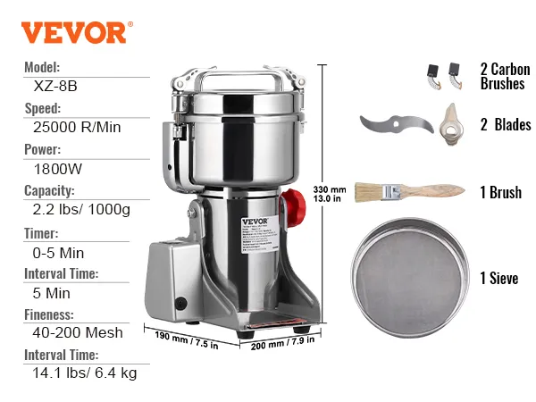 VEVOR electric grain mill, 1800w, 25000 r/min, 2.2 lbs capacity, with carbon brushes, blades, brush, and sieve.