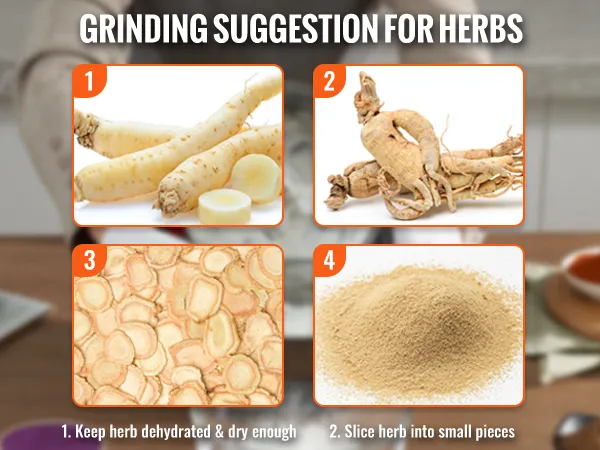 grinding suggestions for herbs with VEVOR electric grain mill: keep them dehydrated and slice into small pieces.