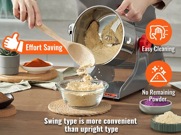 VEVOR electric grain mill in swing mode for easy cleaning, no powder residue, and effort-saving operation.