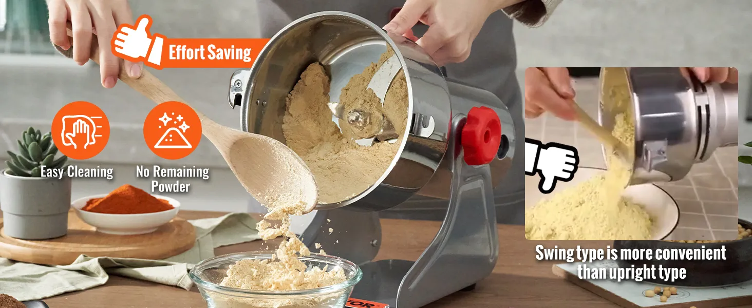 VEVOR electric grain mill in swing mode for easy cleaning, no powder residue, and effort-saving operation.