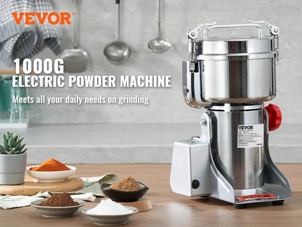 VEVOR electric grain mill in a modern kitchen setting with various ground spices and grains displayed.