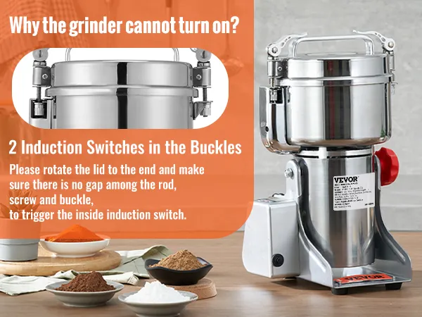 VEVOR electric grain mill with 2 induction switches in buckles, shown with various grains and spices.