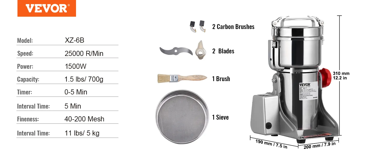 Molinillo de granos eléctrico VEVOR xz-6b, 1500w, 25000 r/min, incluye 2 cuchillas, cepillo, tamiz.