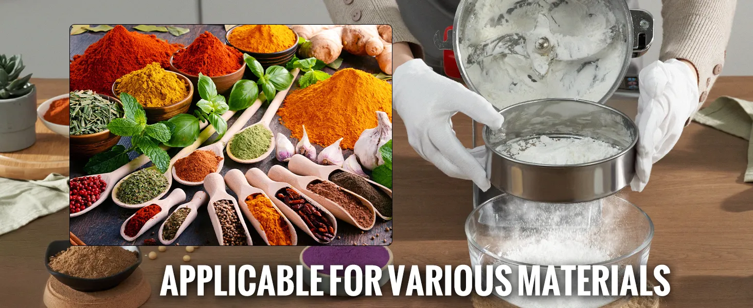 Manos operando el molinillo de grano eléctrico VEVOR junto a varias especias y hierbas coloridas sobre la mesa.