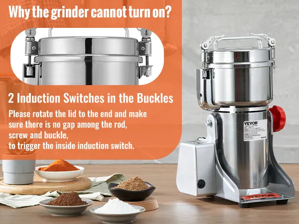 Molinillo de granos eléctrico VEVOR con interruptores de inducción y granos variados en una configuración de cocina moderna.