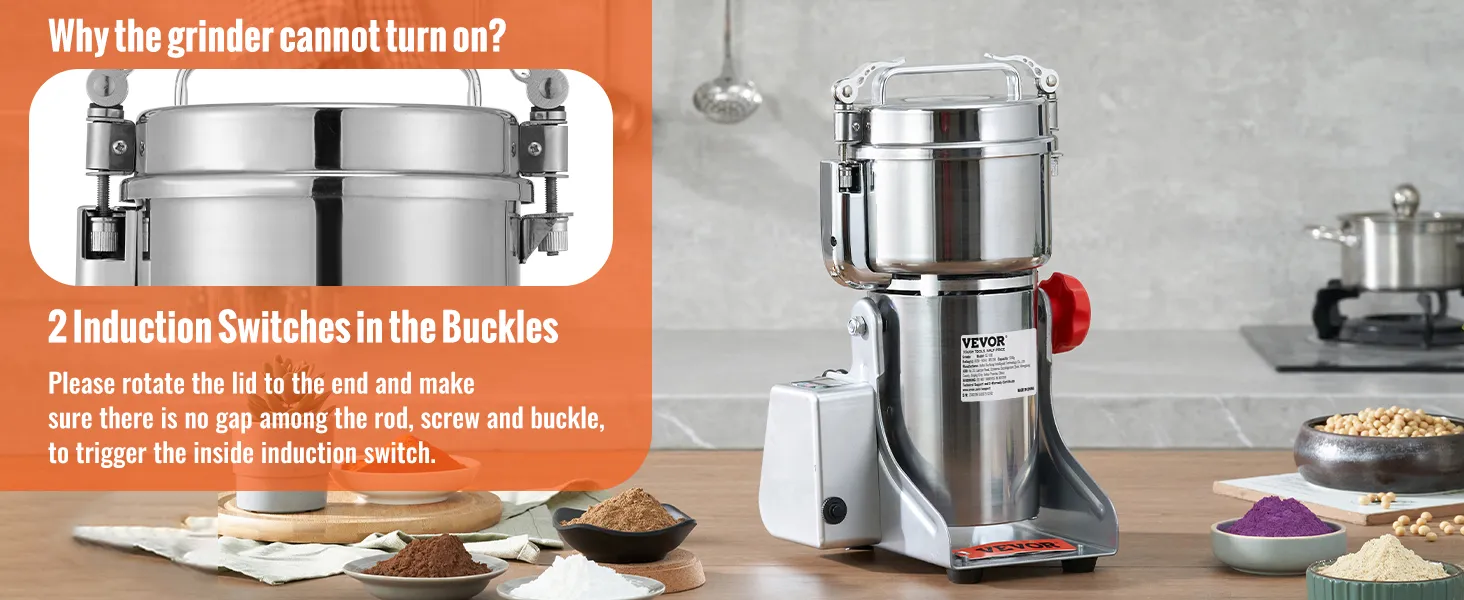 Molinillo de granos eléctrico VEVOR con interruptores de inducción y granos variados en una configuración de cocina moderna.