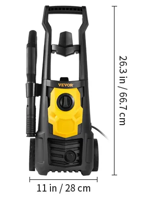 VEVOR electric power washer, black and yellow, 26.3 in/66.7 cm height, 11 in/28 cm width.