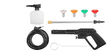 VEVOR electric power washer accessories, including a hose, spray gun, nozzles, soap bottle, and power cord.