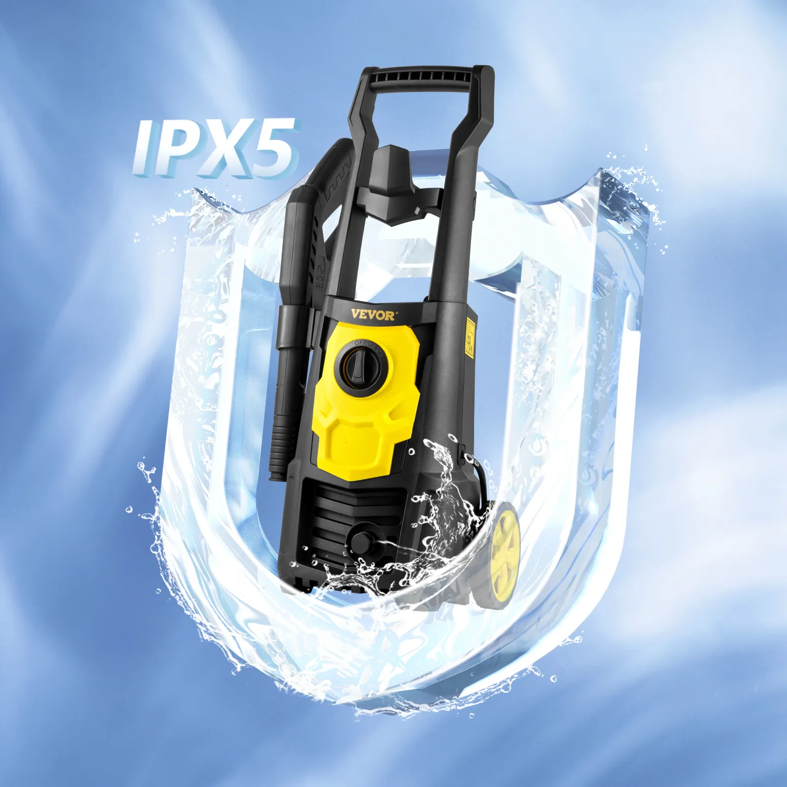Hidrolavadora eléctrica VEVOR con clasificación ipx5 y efecto salpicadura en fondo azul.