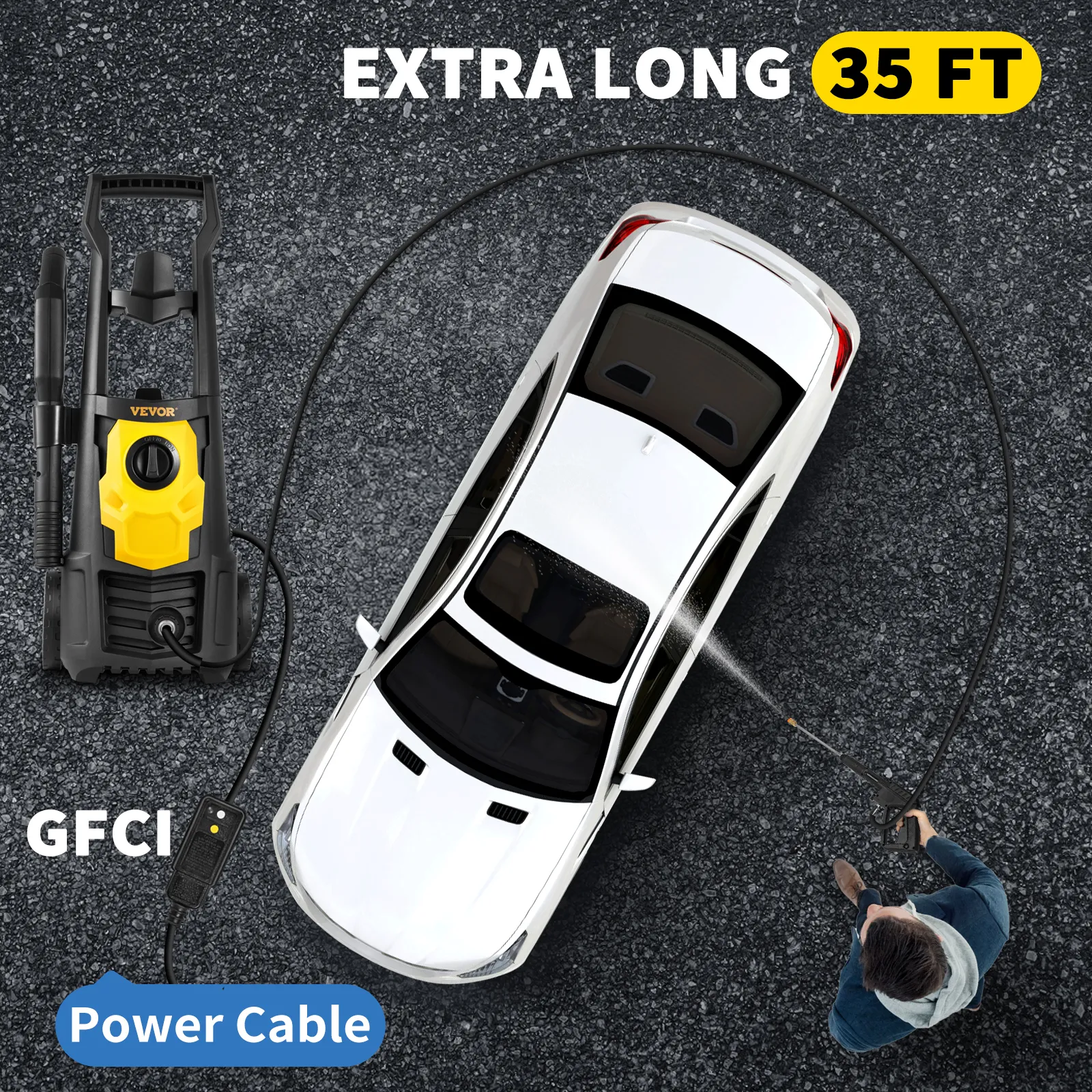 Hidrolavadora eléctrica VEVOR que limpia automóviles blancos, con cable de alimentación GFCI extra largo de 35 pies.