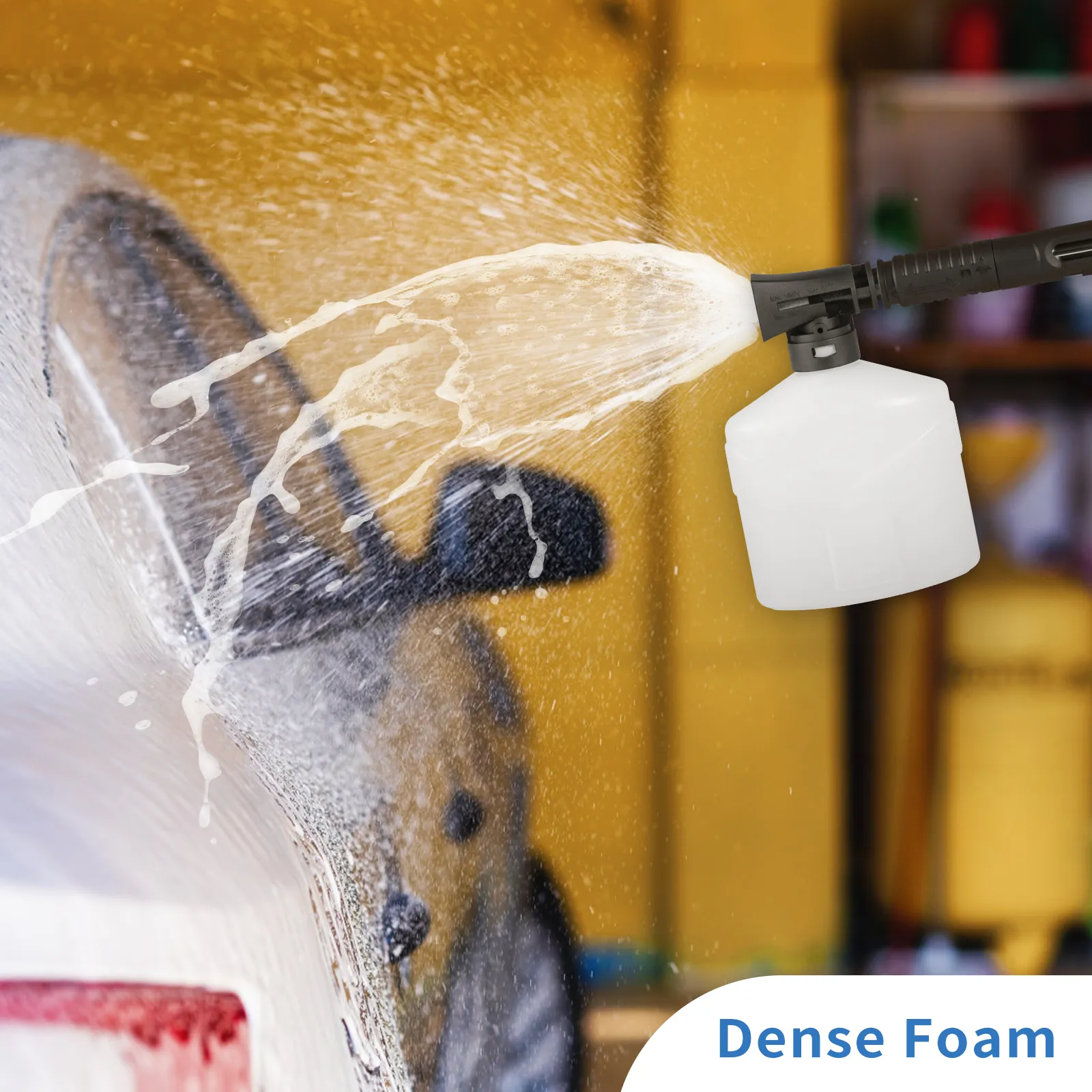 VEVOR electric power washer spraying dense foam on a car in a garage setting.