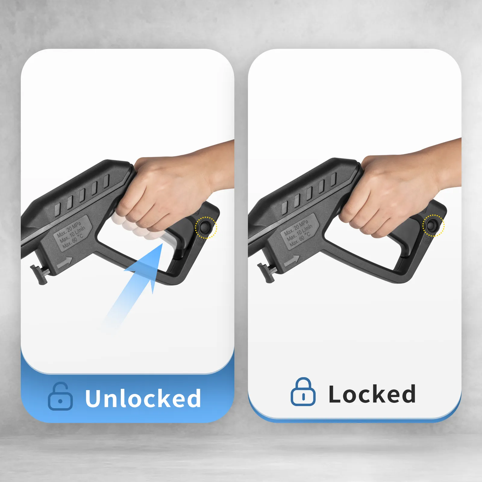 VEVOR electric power washer handle showing unlocked and locked gun trigger positions.