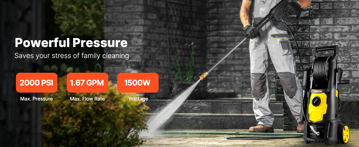 Hidrolavadora eléctrica VEVOR utilizada para limpiar una puerta, con potencia de 2000 psi y diseño ergonómico.