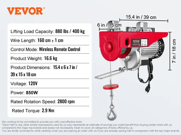 VEVOR electric hoist with 880 lbs capacity, 160 cm wire, 120v 850w motor, and wireless remote control.