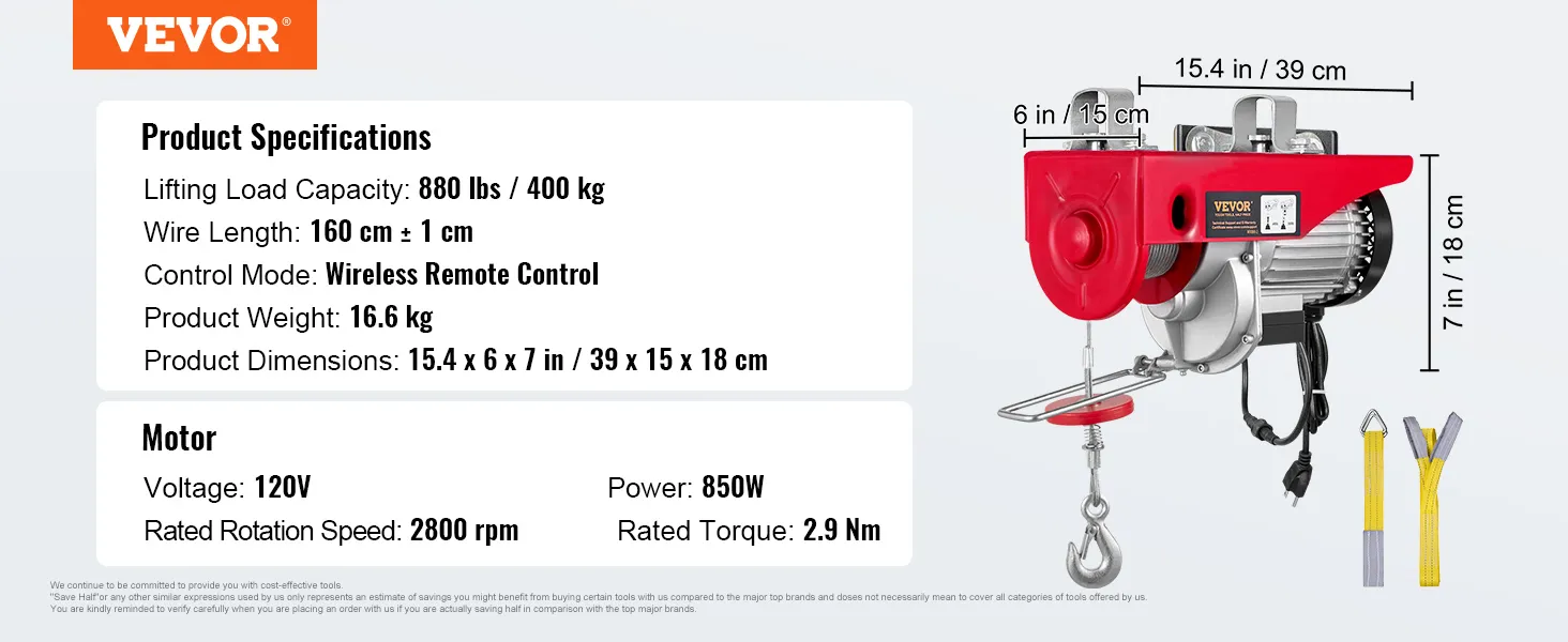 VEVOR electric hoist with 880 lbs capacity, 160 cm wire, 120v 850w motor, and wireless remote control.