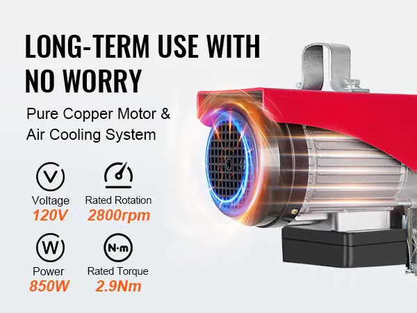 powerful VEVOR electric hoist with pure copper motor, air cooling system, 120v, 850w, 2800rpm, 2.9nm torque.