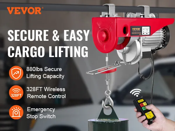 VEVOR electric hoist with 880lbs lifting capacity, wireless remote control, and emergency stop switch.